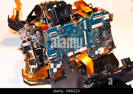 Exploded view of a broken dismantled digital single lens reflex camera, Sony Alpha A350 Stock Photo