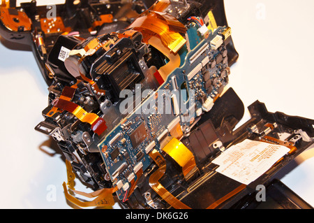 Exploded view of a broken dismantled digital single lens reflex camera, Sony Alpha A350 Stock Photo