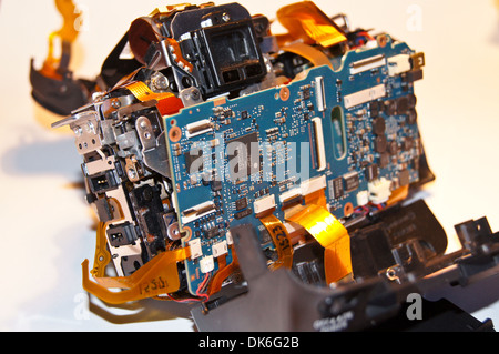 Exploded view of a broken dismantled digital single lens reflex camera, Sony Alpha A350 Stock Photo