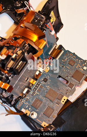 Exploded view of a broken dismantled digital single lens reflex camera, Sony Alpha A350 Stock Photo