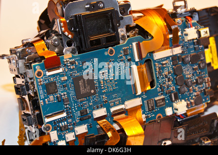 Exploded view of a broken dismantled digital single lens reflex camera, Sony Alpha A350 Stock Photo