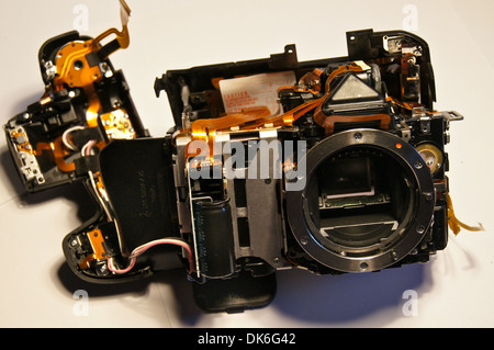 Exploded view of a broken dismantled digital single lens reflex camera, Sony Alpha A350 Stock Photo