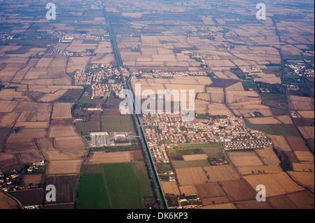 Aerial view of Borgarello and Certosa di Pavia, Strada Statale 35 and Naviglio Pavese Stock Photo