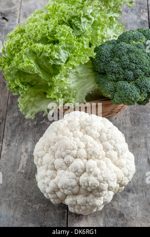 various vegetables on old wooden table, healthy food Stock Photo