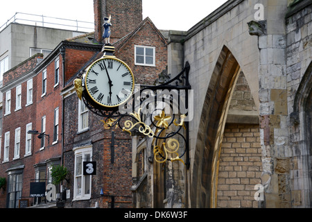 The clock at St Martin-le-Grand Church on Coney Street, York, Yorkshire, England, United Kingdom, UK, Europe Stock Photo