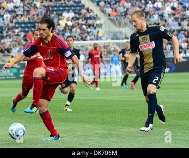 June 11, 2011 - Chester, PA, USA - The Philadelphia Union's JORDAN HARVEY and Real Salt Lake'S FABIAN ESPINDOLA fighting for the ball during the match. The Union and Slat lake played to a 1-1 tie. (Credit Image: © Ricky Fitchett/ZUMAPRESS.com) Stock Photo