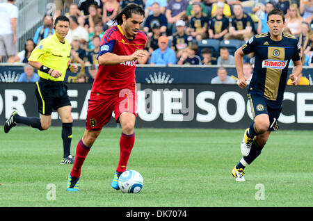 June 11, 2011 - Chester, PA, USA - The Philadelphia Union's KYLE NAKAZAWA and Real Salt Lake'S FABIAN ESPINDOLA fighting for the ball during the match. The Union and Slat lake played to a 1-1 tie. (Credit Image: © Ricky Fitchett/ZUMAPRESS.com) Stock Photo