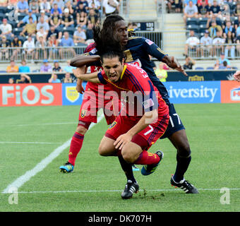 June 11, 2011 - Chester, PA, USA - The Philadelphia Union's KEAN DANIEL and Real Salt Lake'S FABIAN ESPINDOLA fighting for the ball during the match. The Union and Slat lake played to a 1-1 tie. (Credit Image: © Ricky Fitchett/ZUMAPRESS.com) Stock Photo