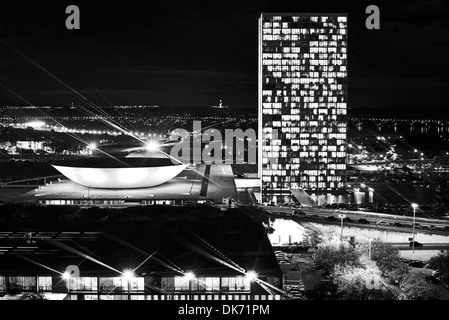 Brazil, Brasilia: Nocturnal  side view of the National Congress by Oscar Niemeyer Stock Photo