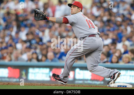 June 14, 2011 - Los Angeles, California, United States of America - Cincinnati Reds first baseman Joey Votto (19) stretches out and hauls in a throw for an out in the second inning. .During a game between National League rivals, Cincinnati Reds and the Los Angeles Dodgers at Dodger Stadium. (Credit Image: © Tony Leon/Southcreek Global/ZUMAPRESS.com) Stock Photo