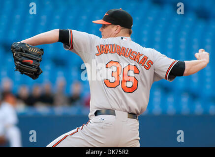 June 14, 2011 - Toronto, Ontario, Canada - Baltimore Orioles pitcher Chris Jakubauskas (36) winds up during Tuesday nights game against the Toronto Blue Jays at Rogers Centre in Toronto.  The Toronto Blue Jays won by a score of 6-5 in the 11th inning. (Credit Image: © Darren Eagles/Southcreek Global/ZUMAPRESS.com) Stock Photo