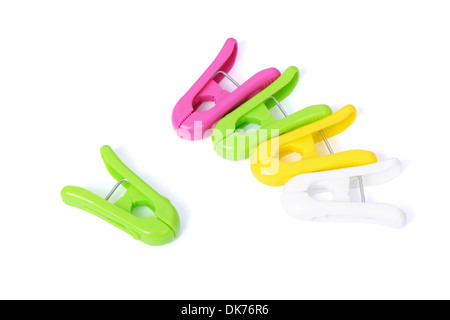 Closeup image of colorful clothespins on a white background Stock Photo
