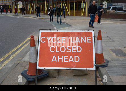 cycle lane closed ahead road sign in kingston upon thames, surrey, england Stock Photo