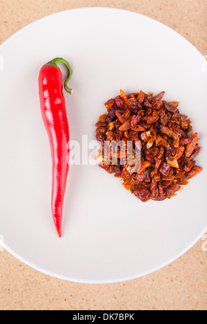 Close of red chili peppers on plate. Stock Photo