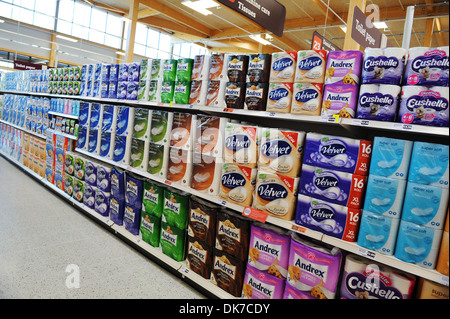 Supermarket interior showing toilet paper, Britain, UK Stock Photo