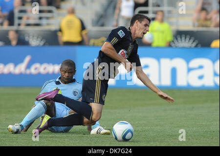 June 22, 2011 - Chester, Pennsylvania, U.S - Philadelphia Union midfielder Sebastien Le Toux (9) is tripped during game action. The Philadelphia Union and the Sporting KC are tied at the half, in a MLS match being played at PPL Park in Chester, Pennsylvania (Credit Image: © Mike McAtee/Southcreek Global/ZUMAPRESS.com) Stock Photo