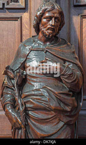 ANTWERP, BELGIUM - SEPTEMBER 5: Carved statue of St. Joseph in St. Pauls church (Paulskerk) Stock Photo