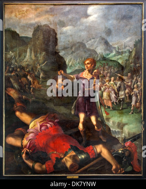 Mechelen - David and Goliath scene. Paint by painter De Sayvede Oude from year 1624 in St. Rumbold's cathedral Stock Photo
