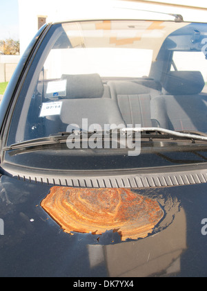 A very big rust patch on the bonnet of a Peugeot car. Stock Photo
