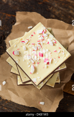 Homemade Christmas Peppermint Bark Dessert with White Chocolate Stock Photo