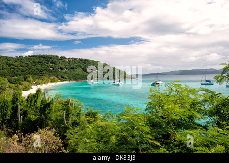 A protected bay and anchorage on Jost Van Dyke in the British Virgin Islands. Known for its diverse marine life and coral reefs, the Caribbean region boasts some of the world's most beautiful and well-preserved beachscapes. Stock Photo