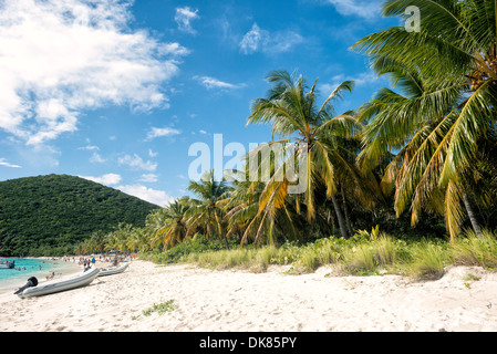 The white sandy beach of White Bay on Jost Van Dyke in the British Virgin Islands. Known for its diverse marine life and coral reefs, the Caribbean region boasts some of the world's most beautiful and well-preserved beachscapes. Stock Photo