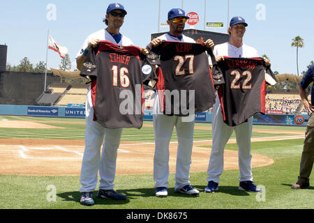 July 10, 2011 - Los Angeles, California, United States of America - Los Angeles Dodgers right fielder Andre Ethier (16), Los Angeles Dodgers center fielder Matt Kemp (27) and Los Angeles Dodgers starting pitcher Clayton Kershaw (22) display their All Star jerseys during a small ceremony prior to the start of a game between the, San Diego Padres and the Los Angeles Dodgers at Dodger Stock Photo