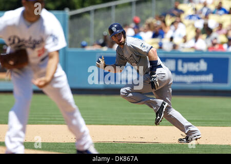 July 10, 2011 - Los Angeles, California, United States of America - San Diego Padres right fielder Chris Denorfia (13) breaks for second base, during a game between the, San Diego Padres and the Los Angeles Dodgers at Dodger Stadium.  The Dodgers defeated the Padres 4-1 to complete a 3 game sweep to end the first half of the 2011 Major League Baseball season, prior to the All Star  Stock Photo