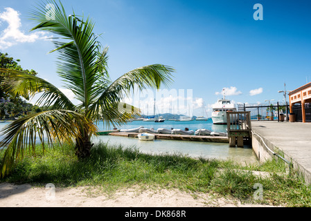 The ferry terminal on the beach at Cruz Bay on St John in the US Virgin Islands. Stock Photo