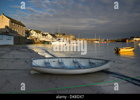 Moored boats on the Harbour Beach on St Mary's, Isles of Scilly Stock Photo