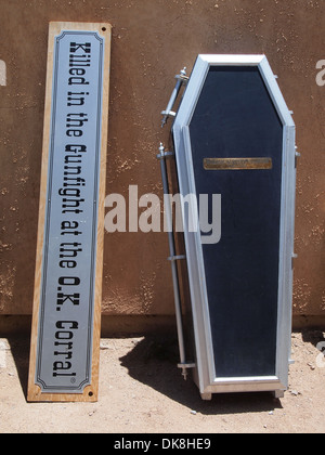 Coffin and sign on display at the O.K. Corral in the historical American Old West town of Tombstone, Arizona, USA Stock Photo