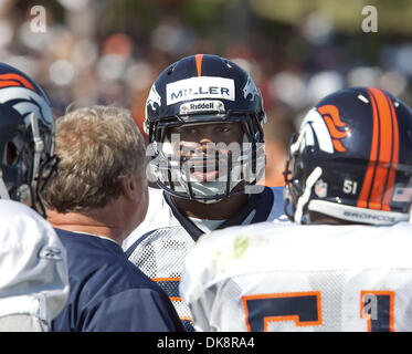 July 30, 2011 - Centennial, Colorado, USA - Denver Broncos number one Draft Pick SLB VON MILLER, center, listens to instructions before drills during the Denver Broncos Training Camp Saturday morning at Dove Valley in Centennial, Colorado. (Credit Image: © Hector Acevedo/ZUMAPRESS.com) Stock Photo