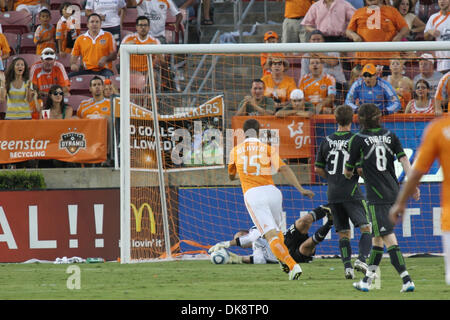 July 30, 2011 - Houston, Texas, U.S - Seattle Sounders FC Goalkeeper Kasey Keller (18) makes a save on this shot by Houston Dynamo Forward Cam Weaver (15). Houston Dynamo defeated the Seattle Sounders FC 3-1 at Robertson Stadium in Houston, Texas. (Credit Image: © Luis Leyva/Southcreek Global/ZUMAPRESS.com) Stock Photo