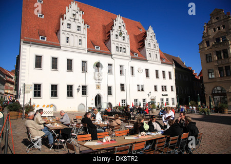 Tourists sitting at Marktplatz, market square, Meissen,  Saxony, Germany Stock Photo