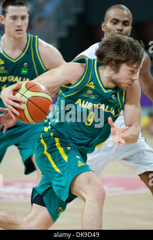 Aug. 17, 2011 - London, United Kingdom - N.9 Matthew Dellavedova plays the ball during the match France vs Australia on the second day of the London Prepares Series - Basketball invitational tournament, preparation event for London 2012 Olympics.  France won against Australia 71 to 67 (Credit Image: Â© Marcello Farina/Southcreek Global/ZUMAPRESS.com) Stock Photo