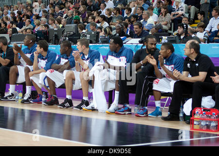 Aug. 17, 2011 - London, United Kingdom - France team members follow the actionduring the match France vs Australia on the second day of the London Prepares Series - Basketball invitational tournament, preparation event for London 2012 Olympics.  France won against Australia 71 to 67 (Credit Image: © Marcello Farina/Southcreek Global/ZUMAPRESS.com) Stock Photo