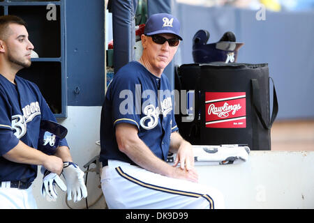 Aug. 18, 2011 - Milwaukee, Wisconsin, U.S - Milwaukee Brewers manager Ron Roenicke #10 looks on during the game. The Los Angeles Dodgers defeated the Milwaukee Brewers 5-1 at Miller Park in Milwaukee. (Credit Image: © John Fisher/Southcreek Global/ZUMAPRESS.com) Stock Photo