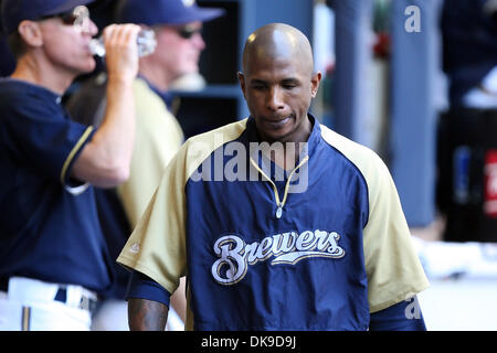 Aug. 18, 2011 - Milwaukee, Wisconsin, U.S - Milwaukee Brewers center fielder Nyjer Morgan #2 had the day off for the Brewers. The Los Angeles Dodgers defeated the Milwaukee Brewers 5-1 at Miller Park in Milwaukee. (Credit Image: © John Fisher/Southcreek Global/ZUMAPRESS.com) Stock Photo