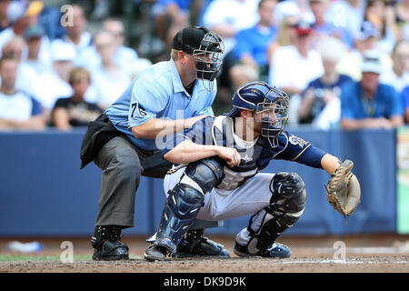 Aug. 18, 2011 - Milwaukee, Wisconsin, U.S - Milwaukee Brewers catcher Jonathan Lucroy #20 gets ready for the pitch. The Los Angeles Dodgers defeated the Milwaukee Brewers 5-1 at Miller Park in Milwaukee. (Credit Image: © John Fisher/Southcreek Global/ZUMAPRESS.com) Stock Photo