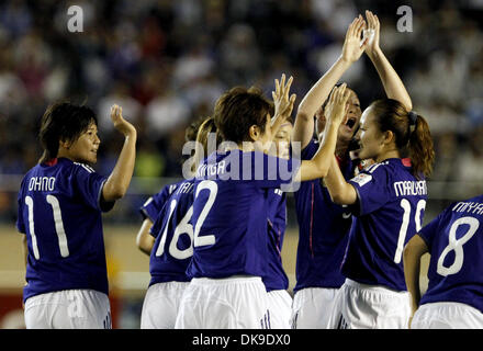 Aug. 19, 2011 - Tokyo, Japan - Players of Japan Women's National Team celebrate the score during the charity match for the earthquake and tsunami victims at the National Stadium in Tokyo, Japan. Japan Women's National Team defeated Nadeshiko League Team by 3-2. (Credit Image: © Shugo Takemi/Jana Press/ZUMAPRESS.com) Stock Photo