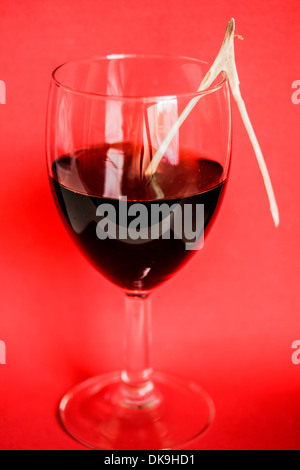 'Wishing you happy holidays.'  Wishbone in a wine glass against a red background Stock Photo