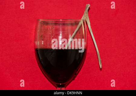 'Wishing you happy holidays.' Wishbone in a wine glass against a red background. Stock Photo