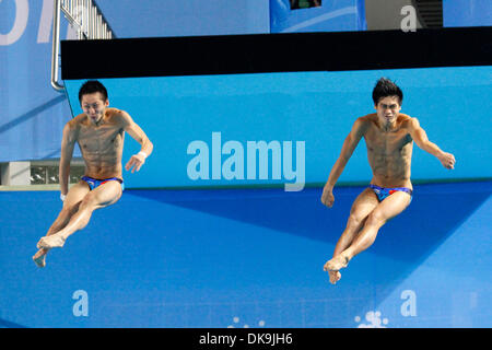 Aug. 22, 2011 - Shenzhen, China - LIN YUE and HUO LIANG youth diving sensations at the 2008 Beijing Olympics, took the gold again in the men's 10 meter synchronized platform competition at the 26th Summer Universiade (World University Games) in Shenzhen. (Credit Image: © Jeremy Breningstall/ZUMAPRESS.com) Stock Photo