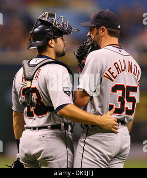 Aug. 22, 2011 - St.Petersburg, Florida, U.S - Detroit Tigers starting pitcher Justin Verlander (35) and Detroit Tigers catcher Alex Avila (13) have a discussion during a baseball game between the Tampa Bay Rays and the Detroit Tigers at Tropicana Field. The Detroit Tigers lead 2 - 1 (Credit Image: © Luke Johnson/Southcreek Global/ZUMApress.com) Stock Photo