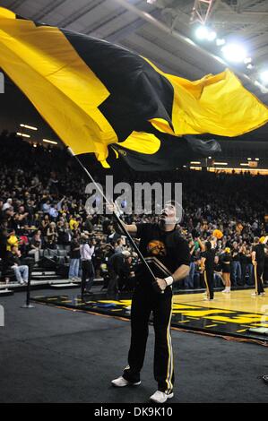 Iowa City, Iowa, USA. 3rd Dec, 2013. December 3, 2013: The Iowa banner is waved at the start of the non-conference Big Ten ACC Basketball Challenge Game between the University of Notre Dame Fighting Irish and the University of Iowa Hawkeyes played in Iowa City, Ia. Iowa won, 98-93. © csm/Alamy Live News Stock Photo