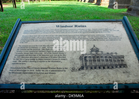 Plaque at the Windsor ruins of an antebellum mansion near Port Gibson, Mississippi burned down in 1890. Stock Photo