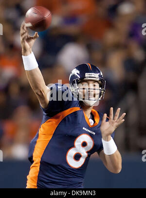 Aug. 27, 2011 - Denver, Colorado, U.S. - Broncos QB KYLE ORTON (8) makes a pass during the Denver Broncos Pre-Season game agaisnt the Seattle Seahawks at Sports Authority Field at Mile High in Denver, Colorado. The Broncos win the game 23-20 over the Seahawks. (Credit Image: © Hector Acevedo/ZUMAPRESS.com) Stock Photo