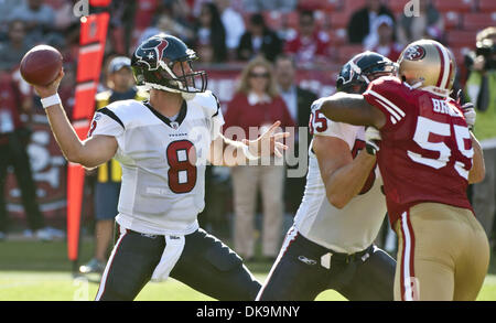 Aug. 27, 2011 - San Francisco, CA, USA - San Francisco 49ers vs Houston Texans  at Candlestick Park Sunday, August 27, 2011.  Houston Texans tight end Joel Dreessen (85) blocks San Francisco 49ers linebacker Ahmad Brooks (55) while quarterback Matt Schaub (8) makes pass..49er lose to Texans 30-7. (Credit Image: © Al Golub/ZUMAPRESS.com) Stock Photo