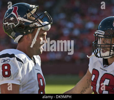 Aug. 27, 2011 - San Francisco, CA, USA - San Francisco 49ers vs Houston Texans  at Candlestick Park Sunday, August 27, 2011.  Houston Texans quarterback Matt Schaub (8) and linebacker Connor Barwin (98) on sidelines..49er lose to Texans 30-7. (Credit Image: © Al Golub/ZUMAPRESS.com) Stock Photo