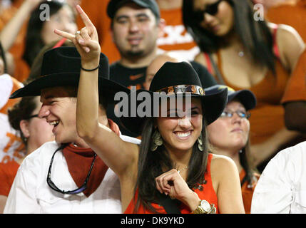 Sept. 3, 2011 - Austin, Texas, United States of America - A Texas fan shows her support for her team during the game between the Rice Owls and the Texas Longhorns at Darrell K Royal Texas Memorial Stadium in Austin, Texas. Texas beat Rice 34-9. (Credit Image: © Matt Pearce/Southcreek Global/ZUMAPRESS.com) Stock Photo